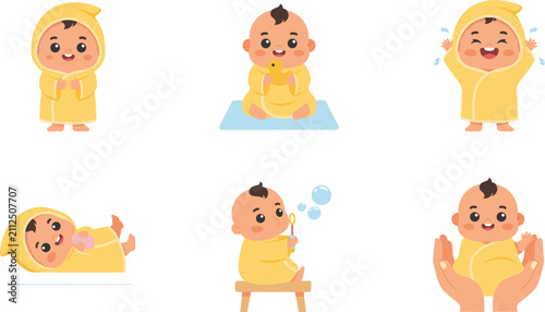 Bild auf Leinwand Cute baby bath time vector character set wearing yellow hooded towel blowing soa