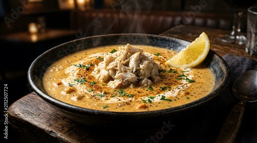 Bowl of creamy crab bisque, gourmet seafood soup served with fresh lemon and herbs, perfect for Crab Soup Day