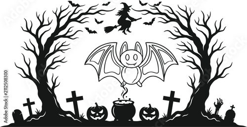 Obraz na płótnie Halloween Scene With Witch Bat And Tombstones Black Silhouette Vector