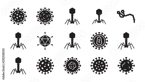 Set of Black and White Virus and Bacteriophage Icons