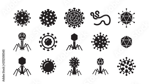 Assortment of Black and White Virus and Bacteriophage Vector Icons