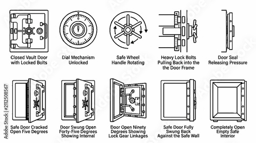 A series of technical line drawings illustrating the step by step process of opening a heavy vault door.