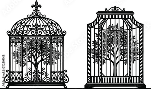 Obraz na płótnie Black silhouette vector illustration of ornate vintage birdcages containing tree