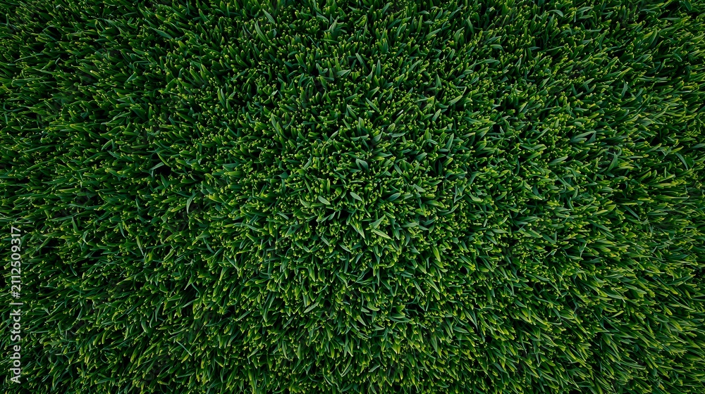 Obraz premium Top view of dense lush green grass lawn texture background with vibrant fresh blades