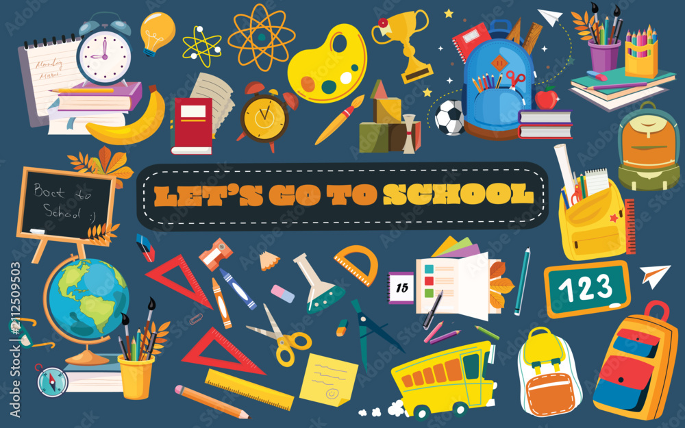 Naklejka premium Back to School Education Supplies Flat Vector Illustration Collection