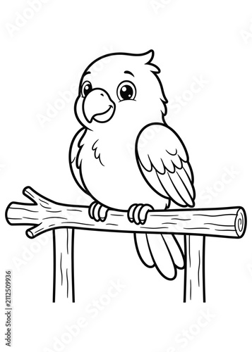 Baby Parrot Sitting on Perch Coloring Page, Cute Cartoon Parrot Outline, Printable Black and White Bird Coloring Sheet for Kids