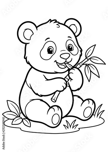 Baby Panda Eating Bamboo Coloring Page, Cute Cartoon Panda Outline, Printable Black and White Animal Coloring Sheet for Kids