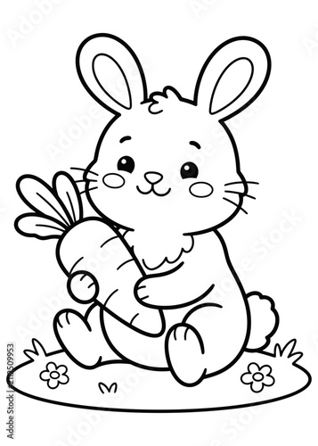 Baby Rabbit Holding Carrot Coloring Page, Cute Cartoon Bunny Outline, Printable Black and White Animal Coloring Sheet for Kids