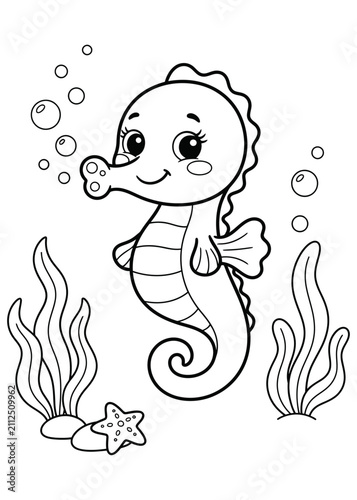 Baby Seahorse Coloring Page, Cute Cartoon Seahorse Outline, Printable Black and White Ocean Animal Coloring Sheet for Kids