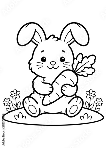 Baby Rabbit Holding Carrot Coloring Page, Cute Cartoon Bunny Outline, Printable Black and White Animal Coloring Sheet for Kids