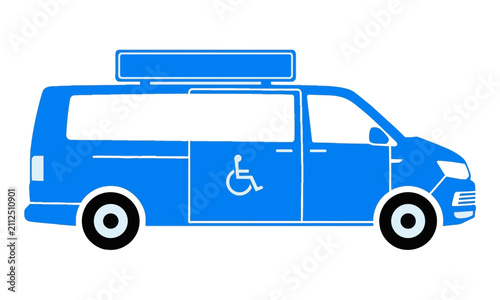 Minimalist blue accessible transport van icon with a wheelchair symbol, modern accessible transportation concept