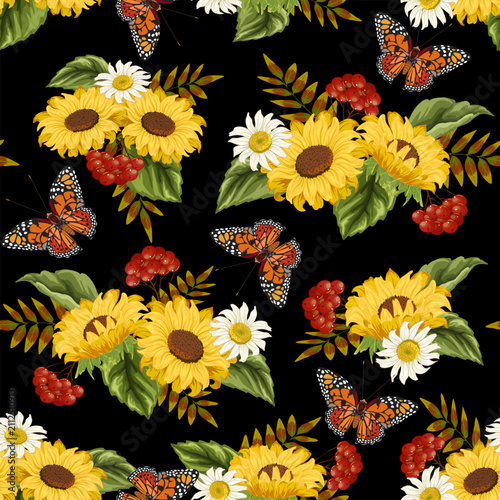 Bouquets of sunflowers and butterflies on a black background.Vector seamless pattern with sunflowers, daisies, red berries and butterflies on a transparent background.