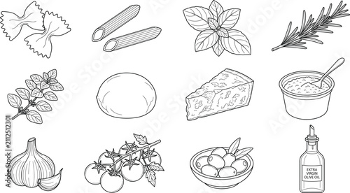 Hand Drawn Italian Cooking Ingredients Collection with Pasta Herbs Cheese Garlic Tomatoes and Olive Oil Illustrations