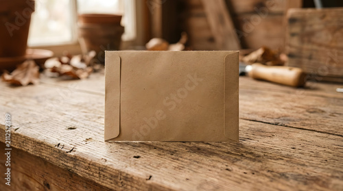 Blank brown kraft paper envelope standing on a rustic wooden garden workbench with terracotta pots and dry autumn leaves in a blurred background, ideal for seasonal greetings or card mockups.