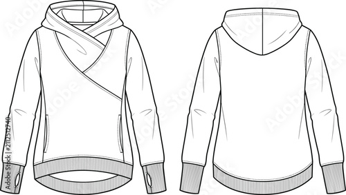 Foto Fashion flat sketch of a casual women crossover neck hoodie apparel design vecto