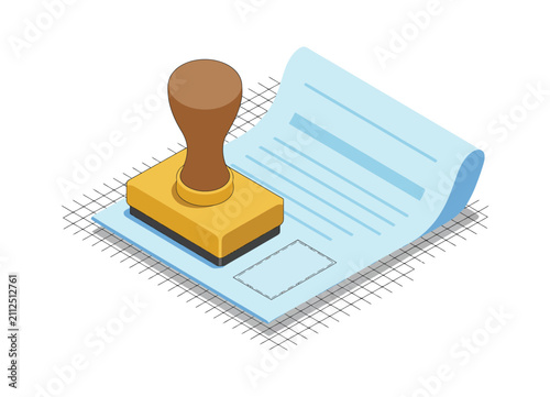 Legal Documents and Stamp Isometric Illustration, Professional Vector Design Featuring Contracts, Official Seals, Certificates, Law Papers, Business Agreements, Legal Services.
