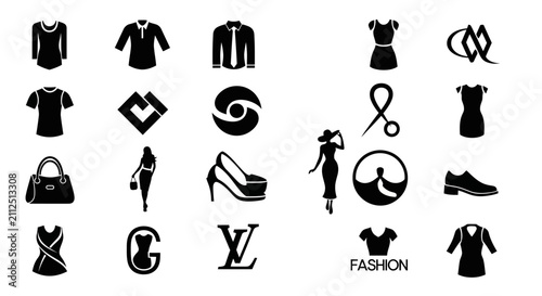 Fashion icons and logos on white background with collection black fashion fashion related high heel accessories silhouette clothing scissors