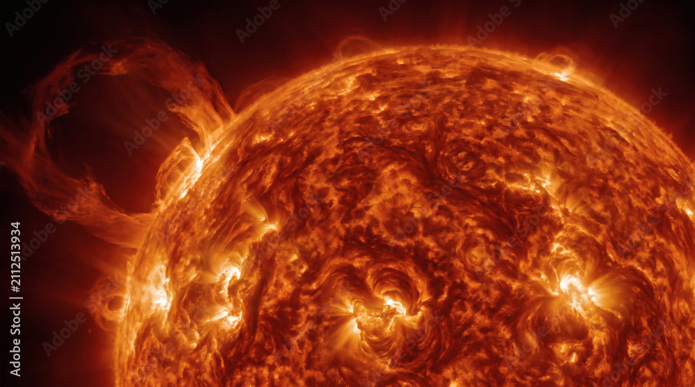 Fototapeta premium Intense Solar Activity with Glowing Plasma Eruptions and Sunspots