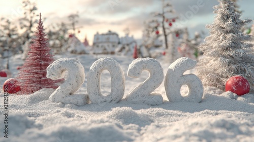 Snowy 2026 typography in winter landscape with festive decoration