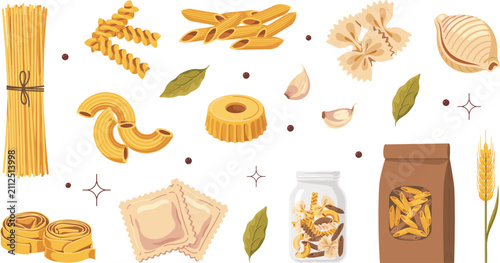 Italian pasta varieties vector icon set with spaghetti penne farfalle ravioli macaroni ingredients and packaging for restaurant menu and food packaging designs