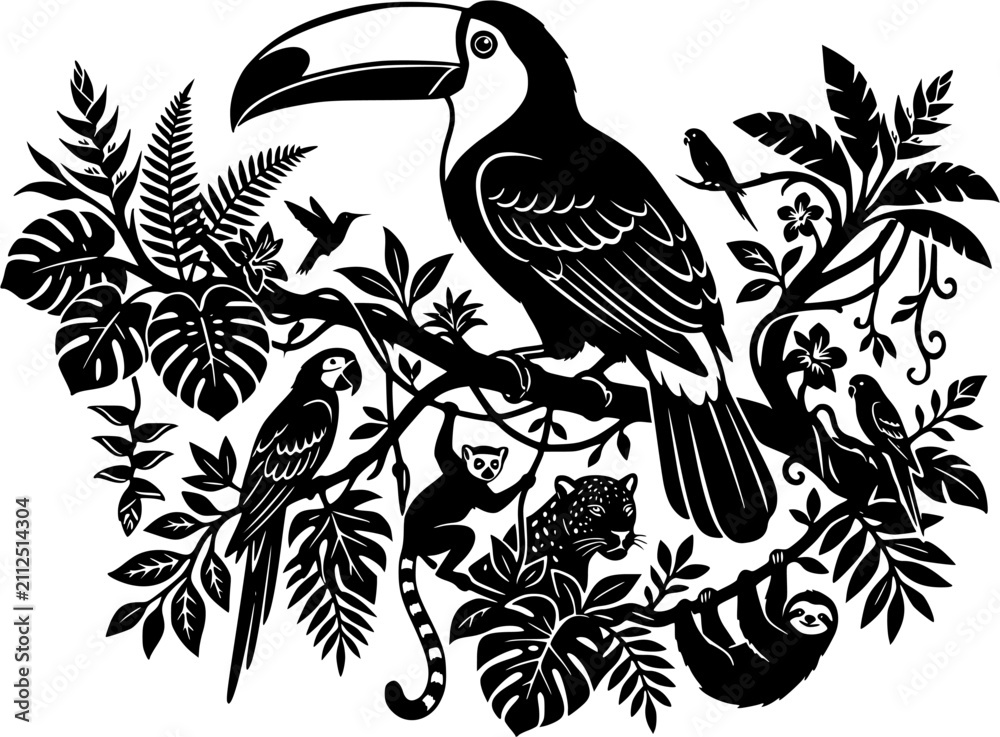 Obraz premium Toucan & Exotic Wildlife silhouette icon set, flat black glyph style, pure white background