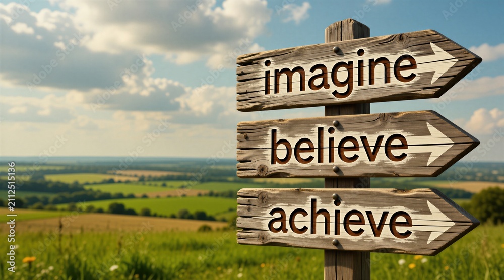 Obraz premium Rustic wooden signpost displays words imagine believe, achieve against rural background. Directional arrows point forward on blurred meadow landscape under blue sky with clouds. Motivational sign