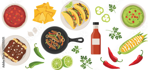 Bild auf Leinwand Traditional Mexican food vector element set featuring flat lay overhead view of