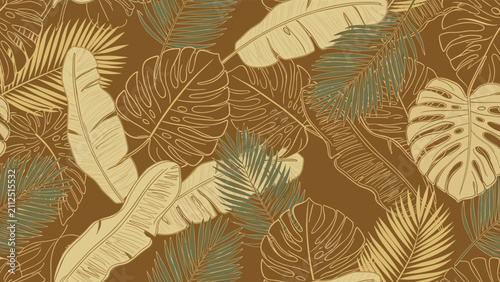 Earthy brown seamless pattern background featuring retro styled tropical leaves, banana leaves, and monstera foliage.