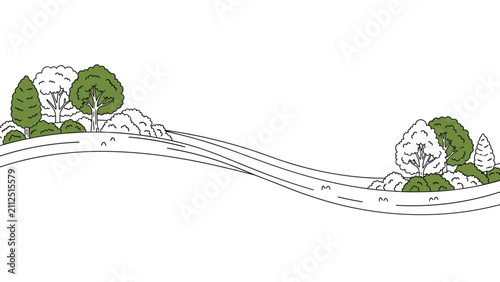 Minimalist landscape illustration of green rolling hills adorned with sparse trees and shrubs on white background.