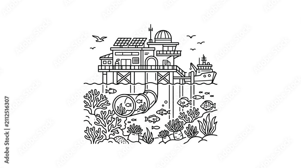 Fototapeta premium Dynamic Floating Research Station with Marine Life and Eco Friendly Elements in Black and White Line Art