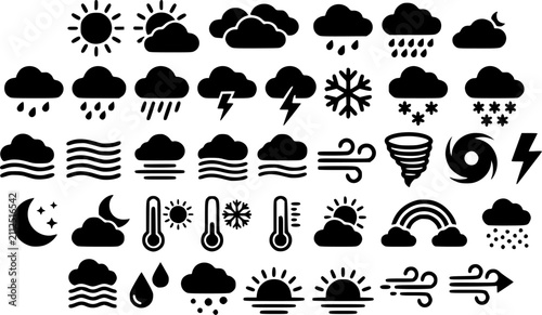 Weather Icons Collection silhouette icon set, flat black glyph style, pure white background