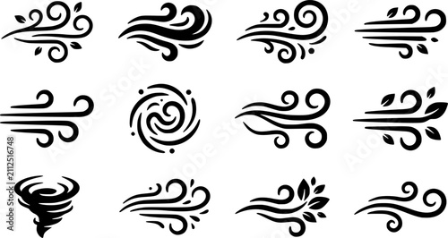 Wind & Breeze silhouette icon set, flat black glyph style, pure white background