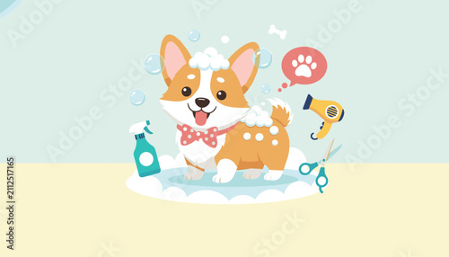 Adorable cartoon corgi dog enjoying a bubbly bath surrounded by pet grooming tools like a hair dryer and scissors.
