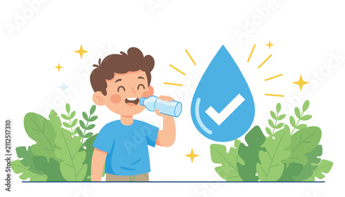 Happy healthy boy drinking fresh clean water from a plastic bottle to stay hydrated next to a large water drop with checkmark.
