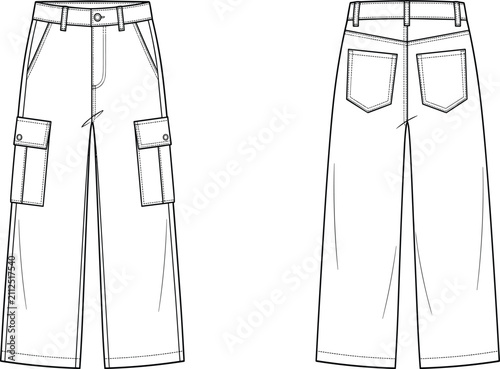 Fashion flat sketch of casual cargo pants with utility side pockets vector illustration