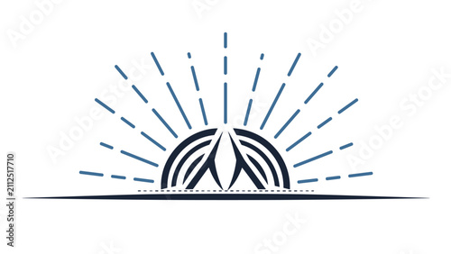 Symmetrical archway representing rising sun or sunrise with radiating rays in minimalist line style over horizon.