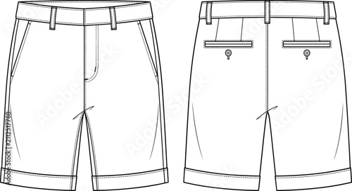 фотографія Fashion flat sketch of casual chino shorts with cuffed hems and back button pock