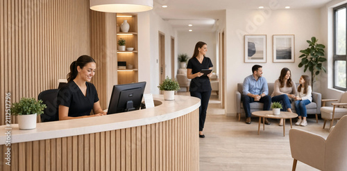 Modern medical clinic reception desk with staff and patients in waiting room check in waiting area dental clinic dental office health clinic medical facility dental practice front desk