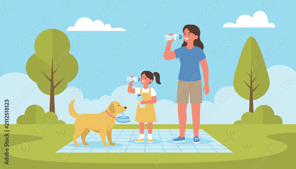 Naklejka premium Caring mother and daughter drink fresh bottled water while enjoying a picnic with their dog in a sunny park.