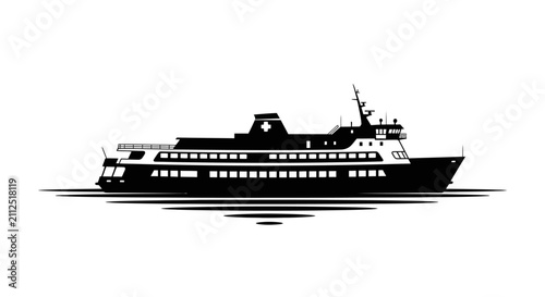 Fotografie Large ferry boat silhouette on calm water with black silhouette transportation n