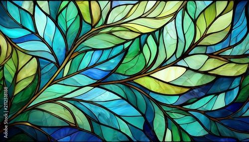 abstract stained glass leaves background with green blue mosaic glass florals