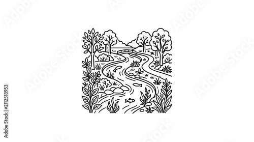 Elegant Black and White Line Drawing of Serene Nature Pathway with Trees Stream and Wildlife with high quality professional line art symbols for modern creative design and digital branding projects
