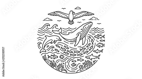 Corporate Marine Life with Seabird Whale Dolphins Fish and Underwater Ecosystem in Black and White Line Art