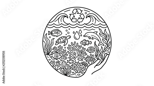 Modern Black and White Line Art of Recycling and Marine Life Eco Themed Design with high quality professional line art symbols for modern creative design and digital branding projects