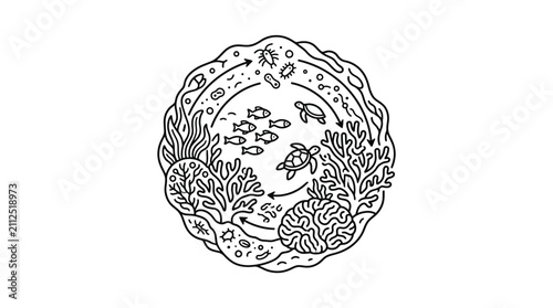 Industrial Style Black and White Line Art Depicting Marine Ecosystem with Fish Coral Plankton and Sea Turtles