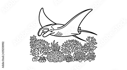 Industrial Style Black and White Line Drawing of Manta Ray Gliding Over Coral Reef Underwater Scene