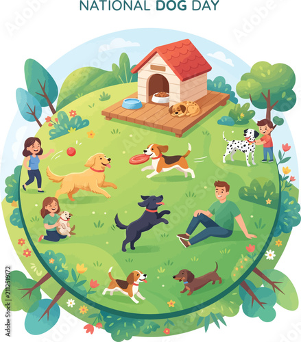 National Dog Day illustration, flat vector style, happy pets park scene, family activity, love emotion