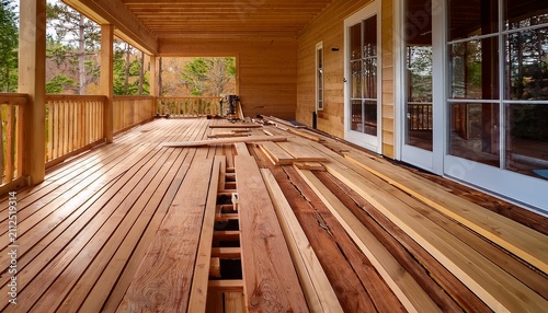 work is ongoing to replace floor in porch with wooden beams unfinished wood boards