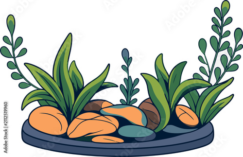 Cute Hand Drawn Aquatic Pond Underwater Sea Pebbles and Plants Vector Illustration Isolated Clipart