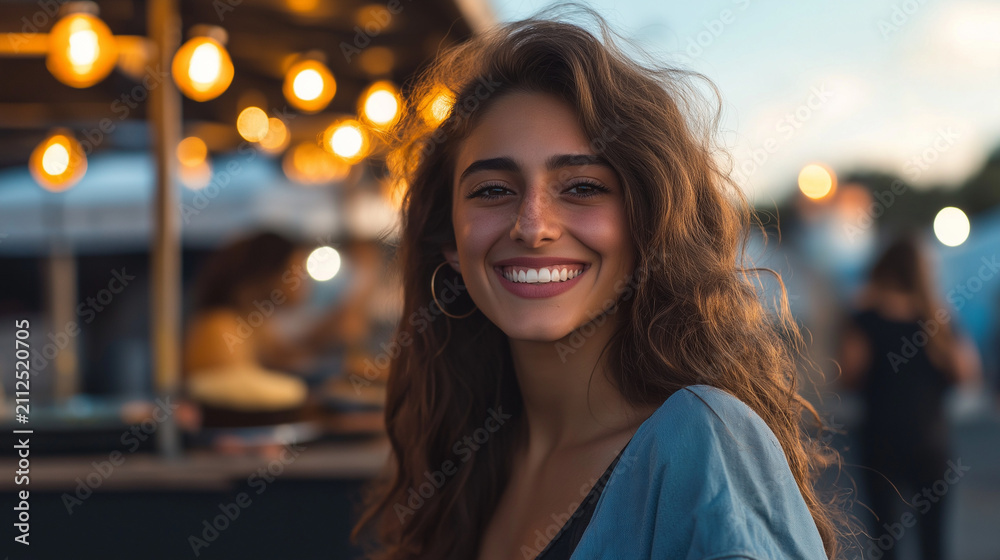Obraz premium Young woman smiling at outdoor market with string lights in evening 